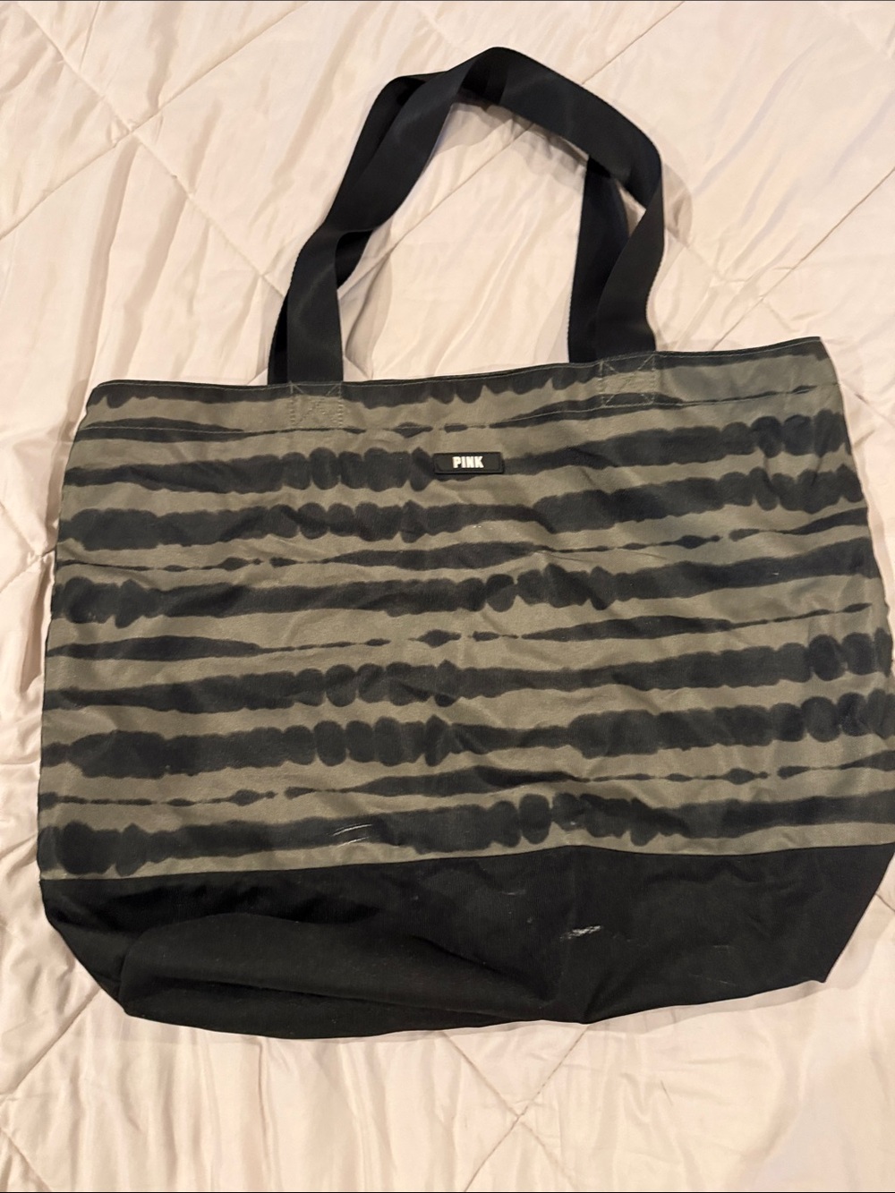 PINK Victoria's Secret Olive Green & Black Striped Canvas Tote